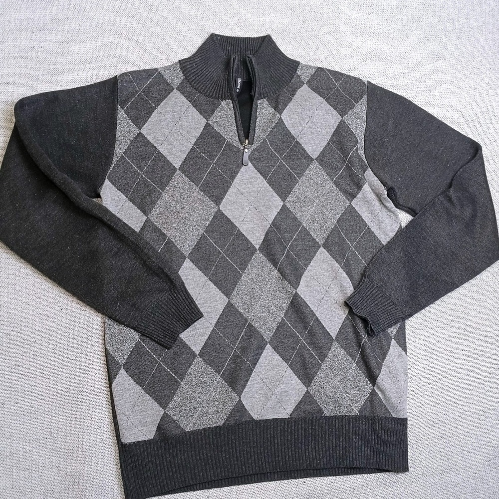 True Rock Quarter Zip Sweater Mens Medium Gray Argyle Excellent Mock Neck Knit